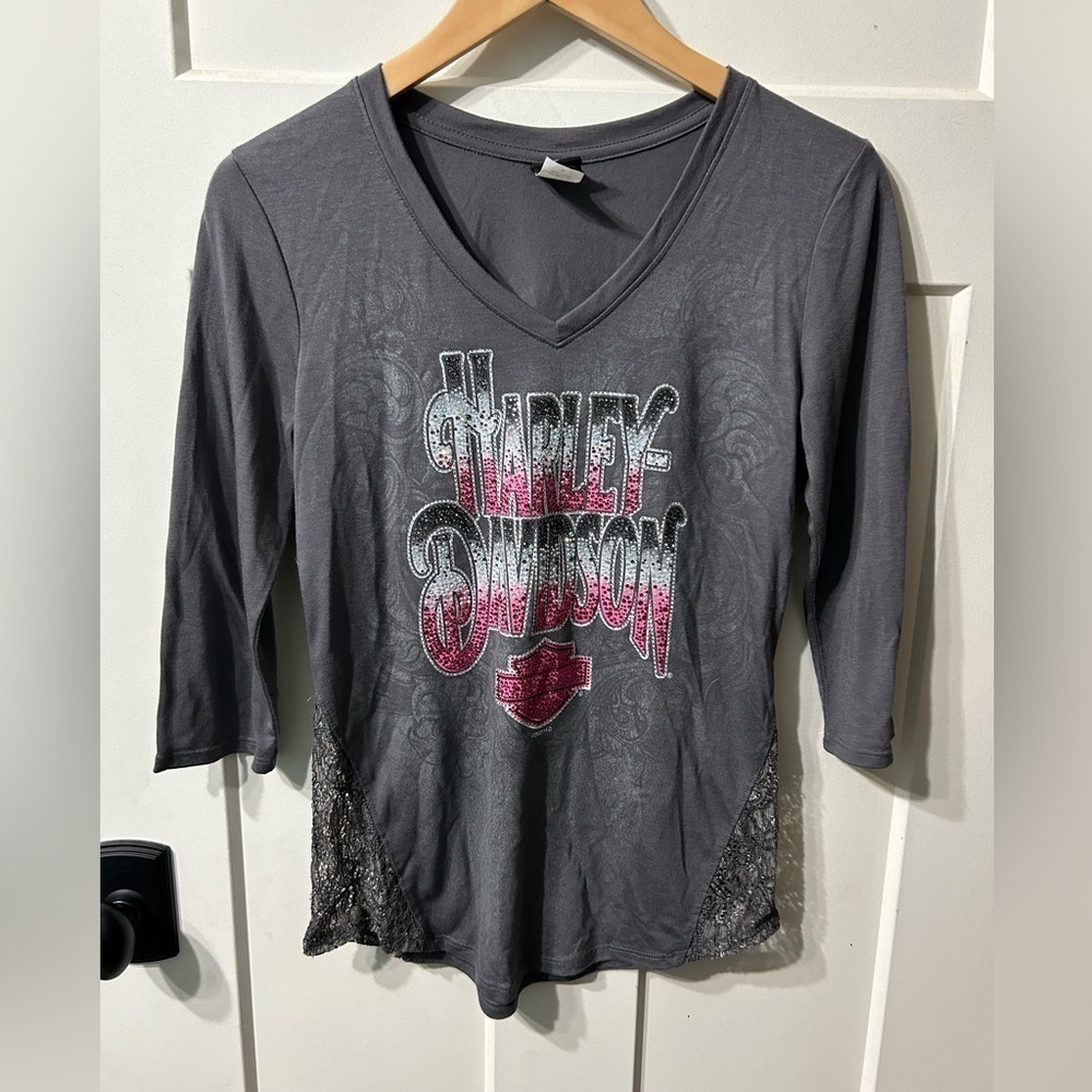 NWOT Harley-Davidson® Lace & Bling Embellished Scoop Neck 3/4 sleeve tee